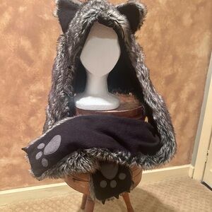Furry Animal Hood with Scarf - Black and Gray - Pockets too!
